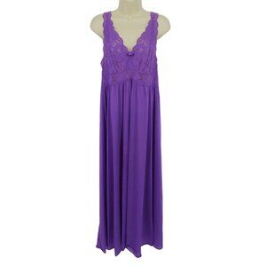 Shadowline Womens Large Purple Lace Trim Bead Bow Sleeveless Nightgown Dress VTG